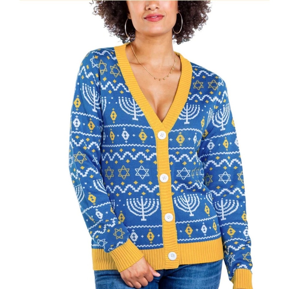 Tipsy Elves Hanukkah Cardigan Sweater‎ Blue Yellow Menorah Size XL